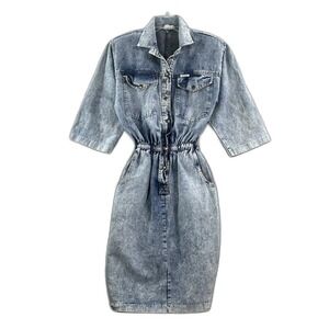 Dream Denim Dress Womens Medium Blue Cotton Elastic Waist Quarter Sleeves Grunge